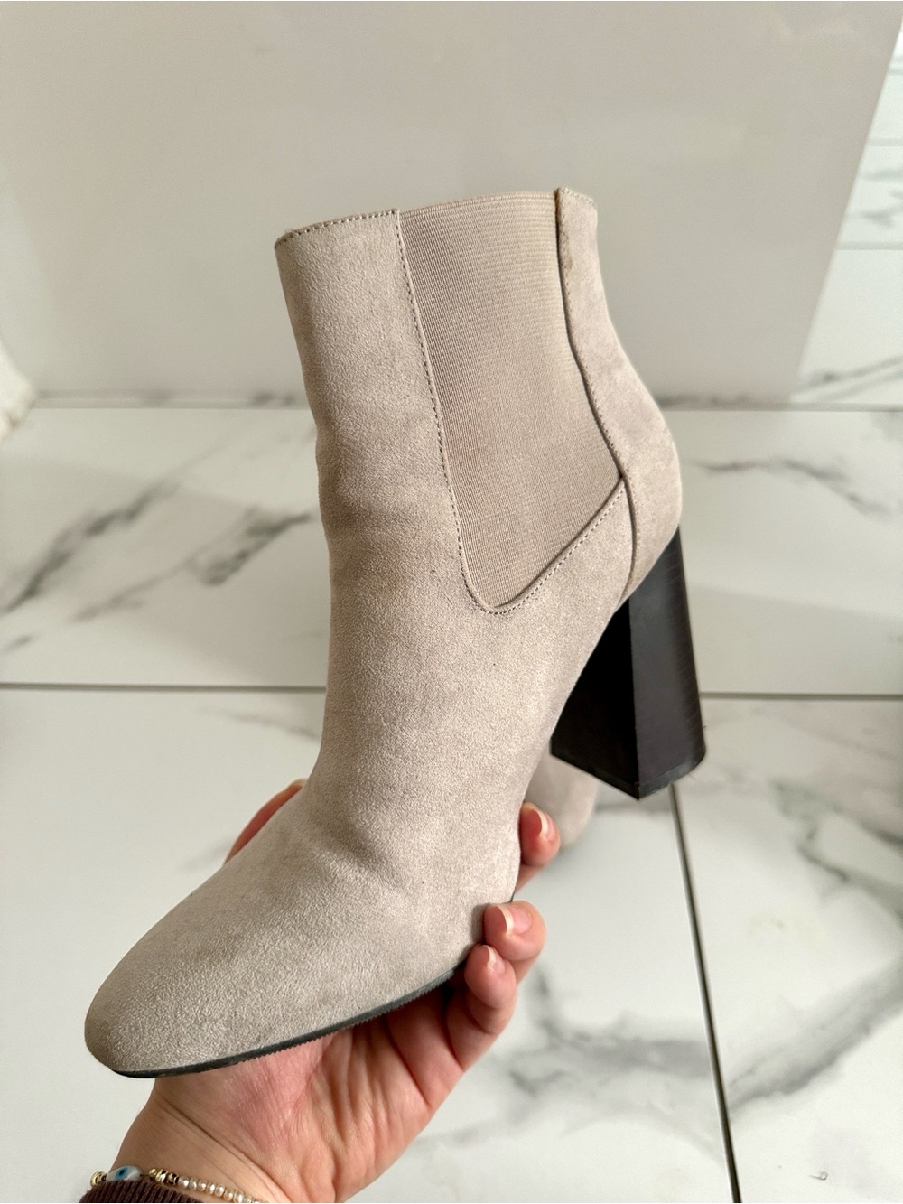 Womenās Gray Suede Block Heel Ankle Boot